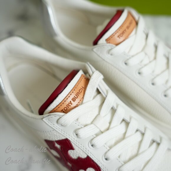 NIB Tory Burch Signature Color Block Platform Leather Sneaker Shoes in White/Red - Picture 3 of 10